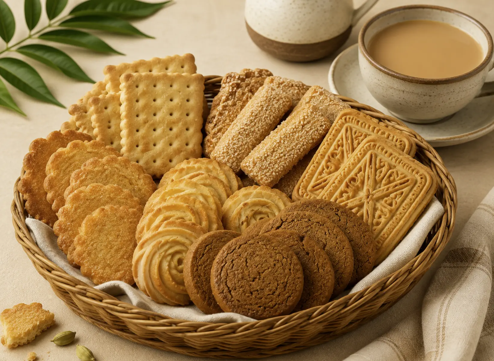 Assorted biscuits with a cup of tea