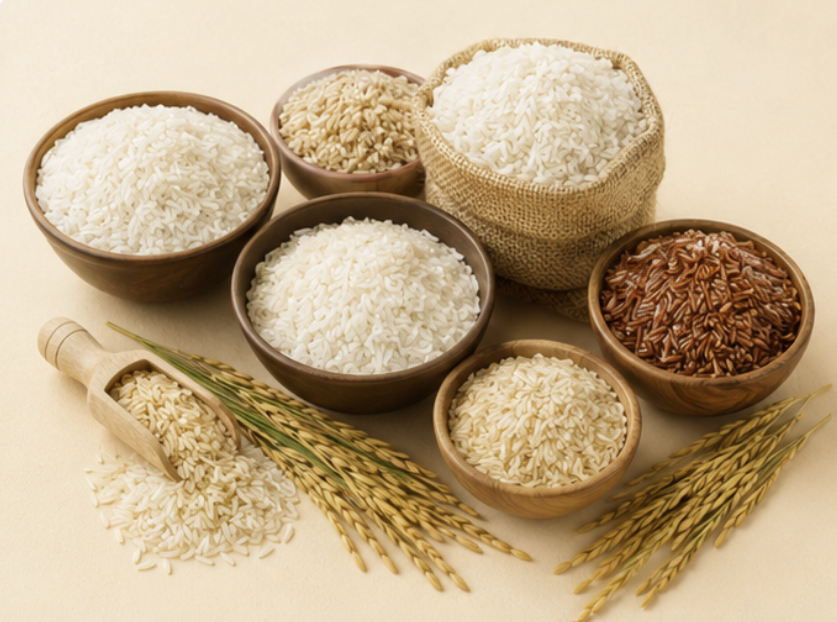 Varieties of rice in bowls