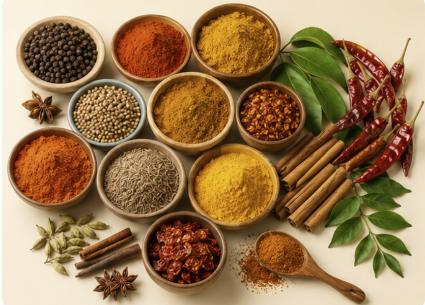 Sri Lankan spices in wooden bowls